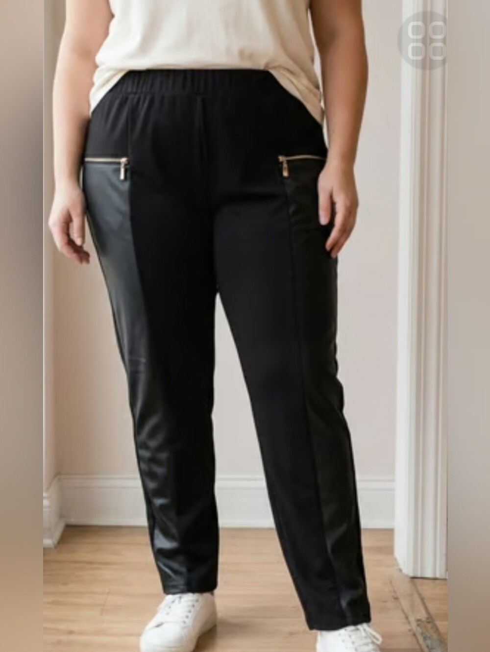 Plus-Size Skinny Pull-On Pants with Faux Leather Panels - Black